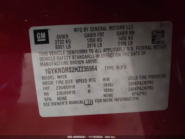 1GYKNDRS2HZ236964 Cadillac XT5 LUXURY