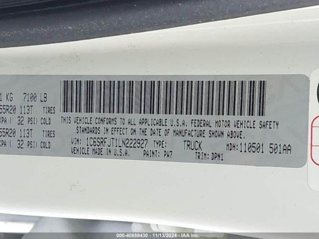 1C6SRFJT1LN222927 RAM 1500 Laramie  4x4 5'7 Box