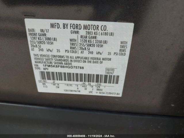 1FM5K8F88HGD75788 Ford Explorer Limited