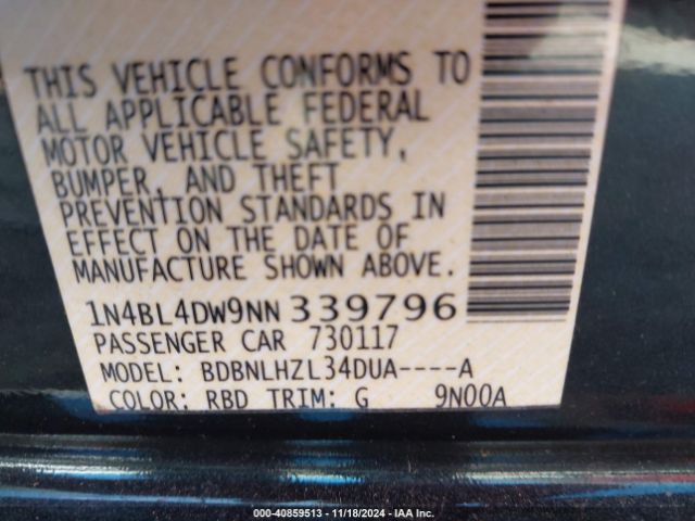 1N4BL4DW9NN339796 Nissan Altima Sv Intelligent Awd