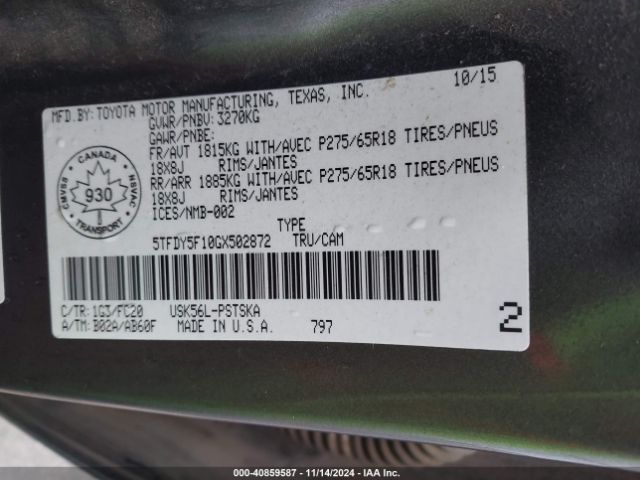 5TFDY5F10GX502872 Toyota Tundra Sr5 5.7l V8