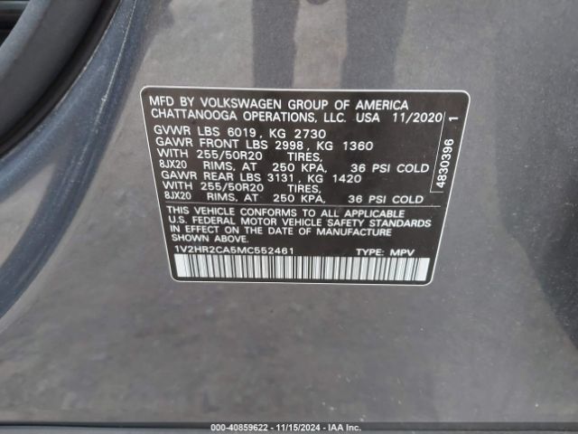 1V2HR2CA5MC552461 Volkswagen Atlas 3.6l V6 Se W/technology