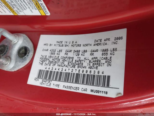 2007 MITSUBISHI ECLIPSE 4A3AK34T27E006364 Photo 8