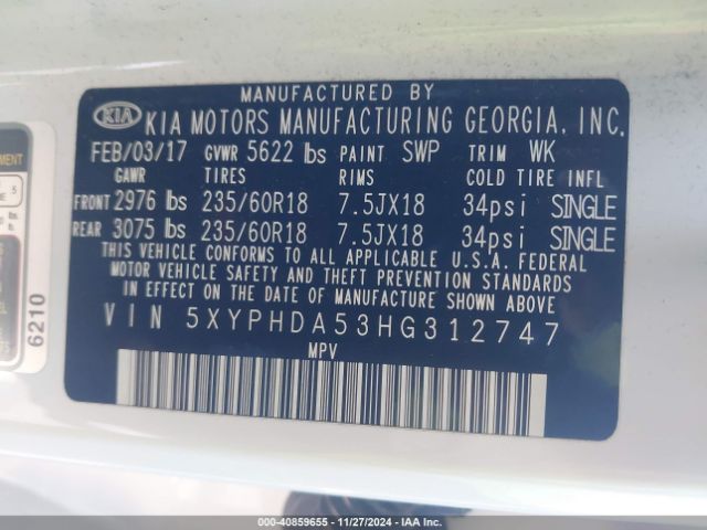 5XYPHDA53HG312747 KIA Sorento 3.3l Ex