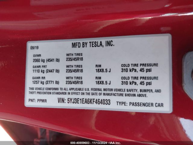 5YJ3E1EA6KF464033 Tesla Model 3 Long Range/mid Range/standard Range/standard Range Plus