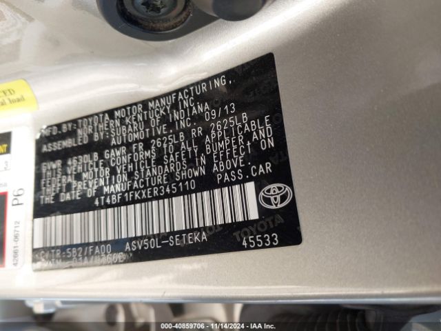 4T4BF1FKXER345110 Toyota CAMRY L