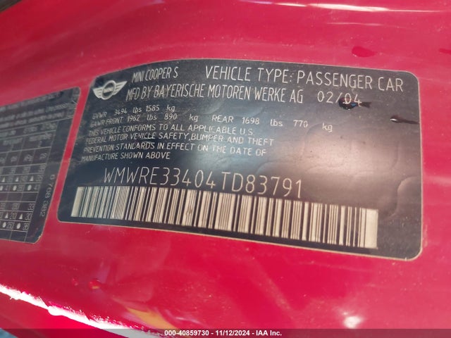 2004 MINI COOPER S WMWRE33404TD83791 Photo 8