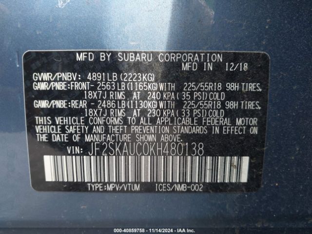 JF2SKAUC0KH480138 Subaru Forester Limited