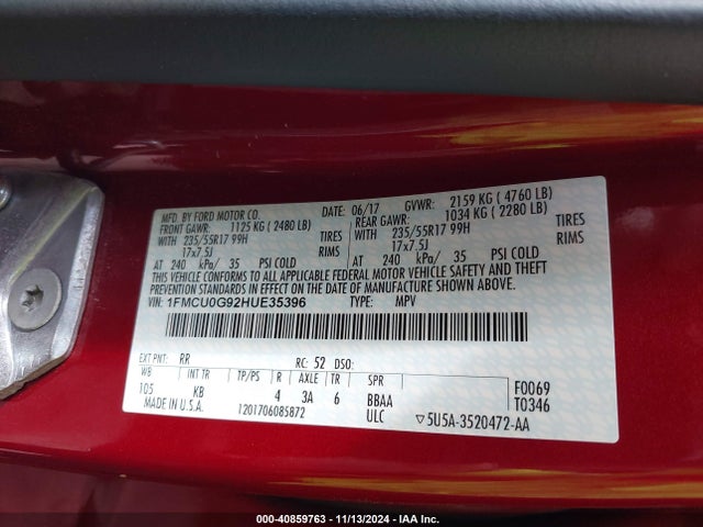 1FMCU0G92HUE35396 Ford ESCAPE SE