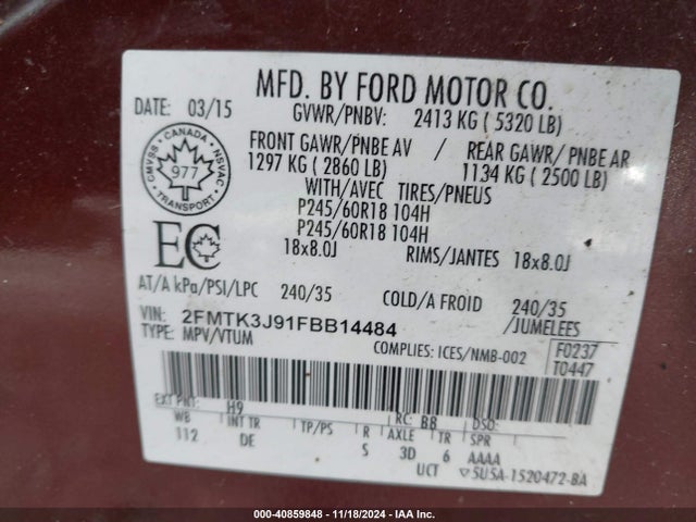 Ford EDGE SEL 2015 2FMTK3J91FBB14484 Image 9