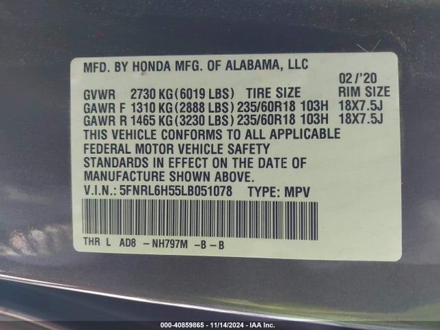 Honda ODYSSEY EX 2020 5FNRL6H55LB051078 Image 9