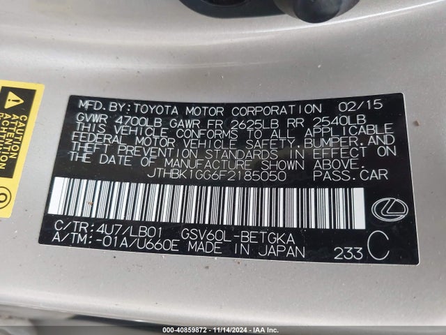 JTHBK1GG6F2185050 Lexus ES 350