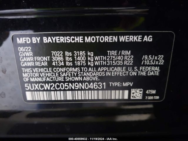 5UXCW2C05N9N04631 BMW X7 Xdrive40i