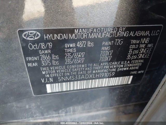 Hyundai Santa Fe Sel 2020 5NMS33ADXLH191059 Image 9