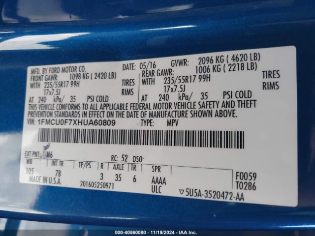1FMCU0F7XHUA60809 Ford ESCAPE S