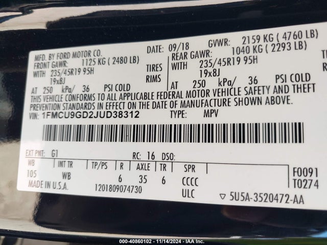 Ford ESCAPE SE 2018 1FMCU9GD2JUD38312 Image 9
