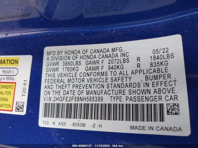 Honda Civic Sport 2022 2HGFE2F58NH585389 Image 9