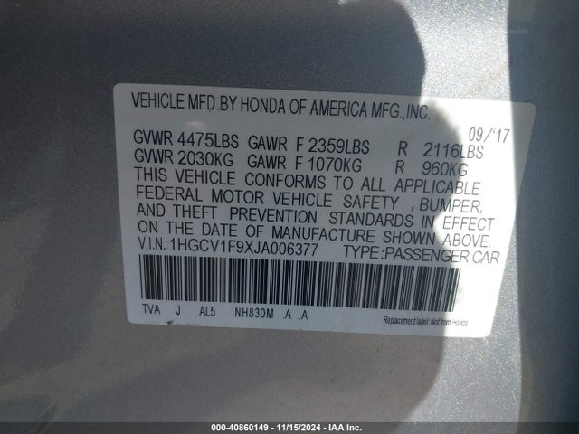 1HGCV1F9XJA006377 Honda l15be