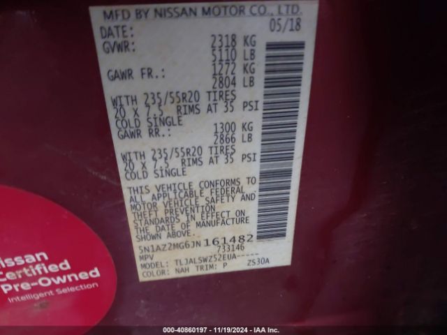 5N1AZ2MG6JN161482 Nissan Murano Platinum