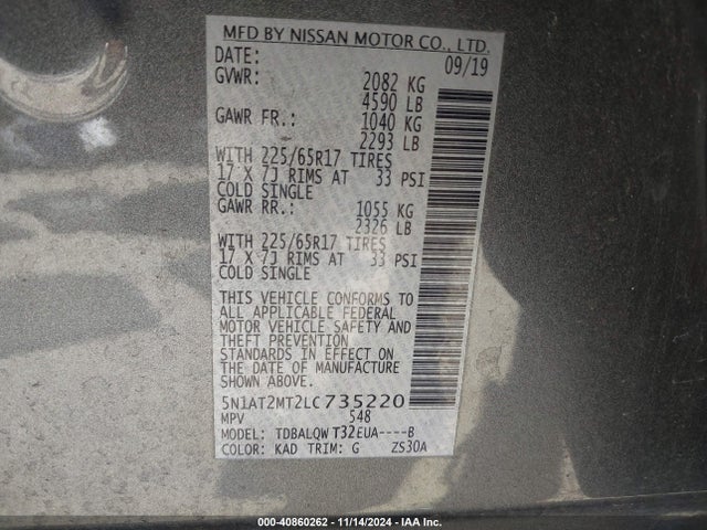 5N1AT2MT2LC735220 Nissan Rogue Sv Fwd