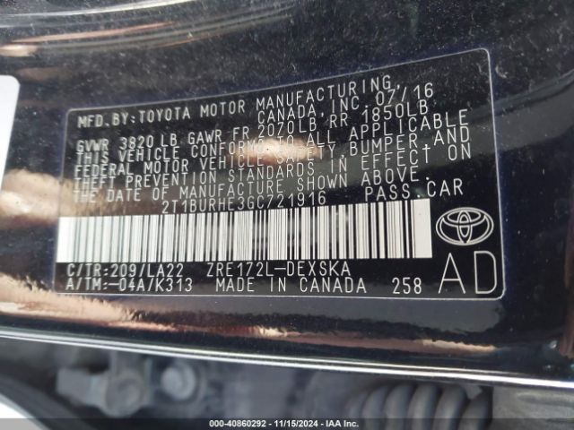 2T1BURHE3GC721916 Toyota Corolla S Premium
