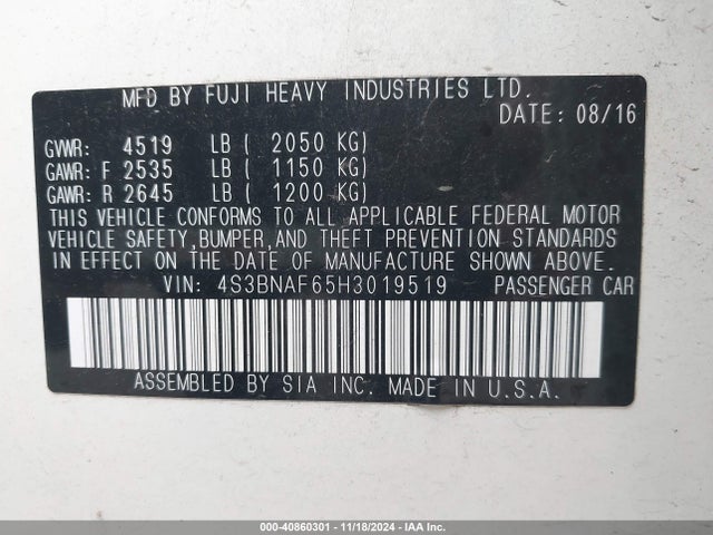 Subaru Legacy 2.5i Premium 2017 4S3BNAF65H3019519 Image 9