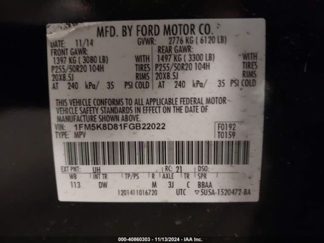 Ford EXPLORER XLT 2015 1FM5K8D81FGB22022 Image 9