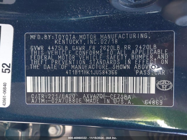 Toyota CAMRY SE 2018 4T1B11HK1JU584366 Image 9