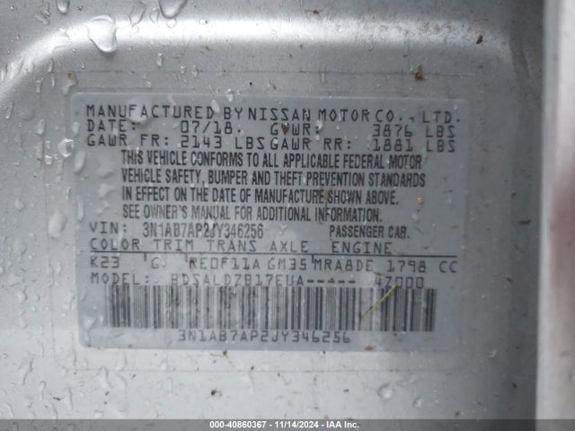 Nissan SENTRA SV 2018 3N1AB7AP2JY346256 Image 9