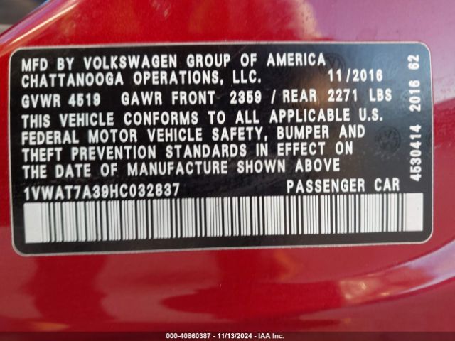 1VWAT7A39HC032837 Volkswagen Passat 1.8t S
