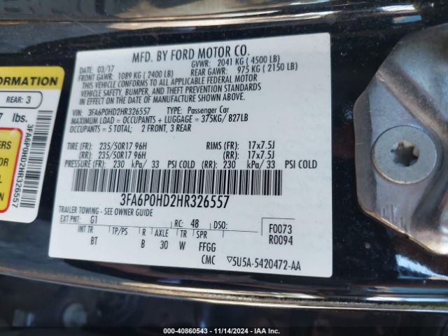 3FA6P0HD2HR326557 Ford FUSION SE