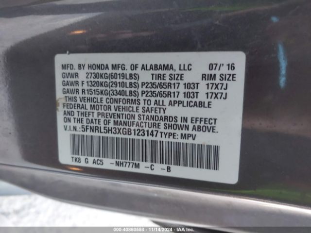 5FNRL5H3XGB123147 Honda ODYSSEY SE