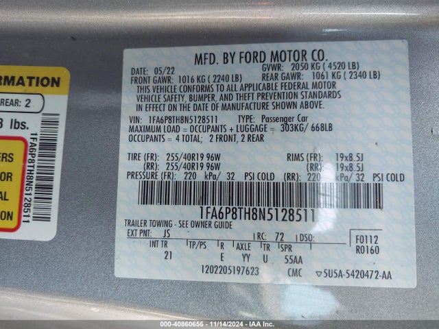Ford Mustang Ecoboost 2022 1FA6P8TH8N5128511 Image 9