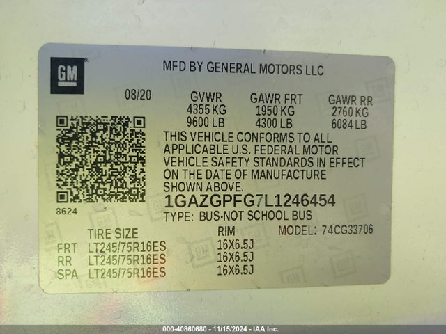 1GAZGPFG7L1246454 Chevrolet Express Passenger Rwd 3500 Extended Wheelbase Lt