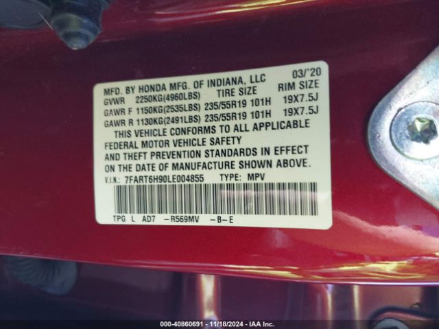 7FART6H90LE004855 Honda Cr-v Hybrid Touring