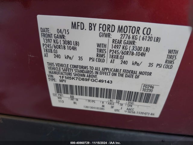 Ford EXPLORER XLT 2015 1FM5K7D89FGC49143 Image 9