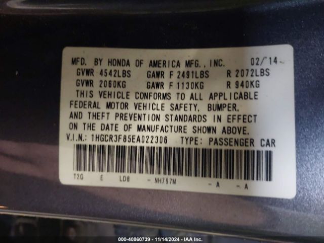 1HGCR3F85EA022306 Honda Accord Ex-l V-6