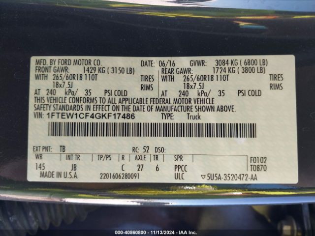 1FTEW1CF4GKF17486 Ford F-150 Xlt