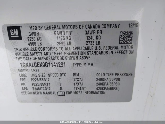 2GNALCEK9G1141291 Chevrolet EQUINOX LT