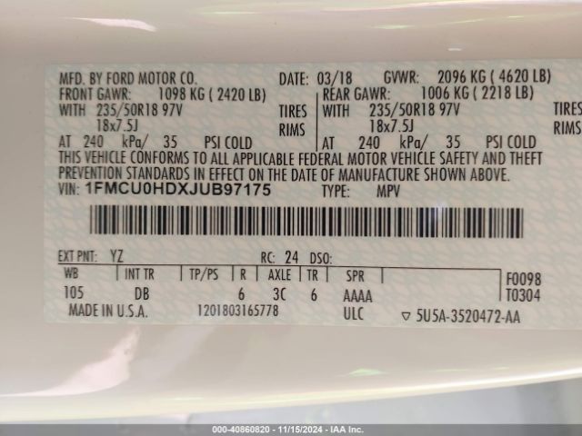 1FMCU0HDXJUB97175 Ford ESCAPE SEL