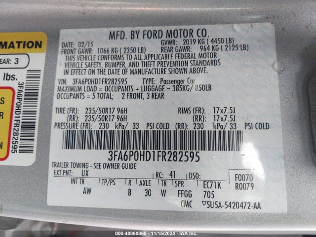 Ford FUSION SE 2015 3FA6P0HD1FR282595 Image 9