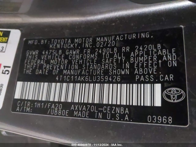 Toyota CAMRY LE 2020 4T1C11AK6LU359426 Image 9
