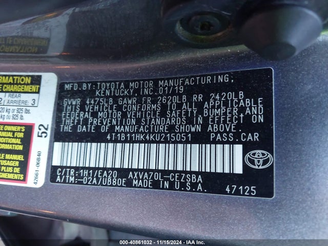 4T1B11HK4KU215051 Toyota CAMRY SE