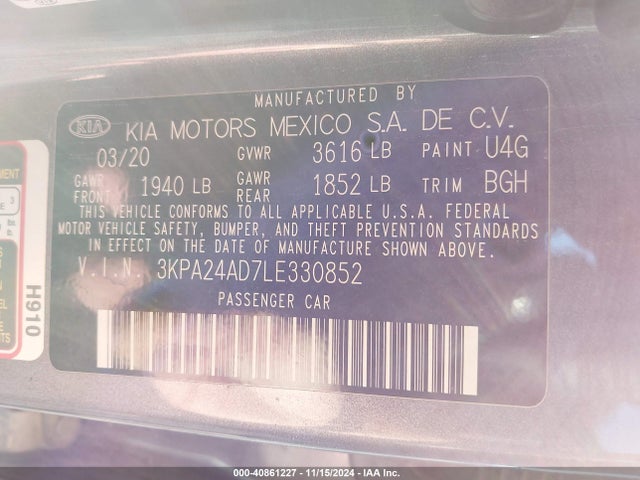 3KPA24AD7LE330852 KIA RIO S