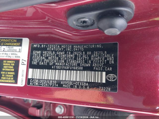 4T1BD1FK8FU168588 Toyota Camry Hybrid Xle