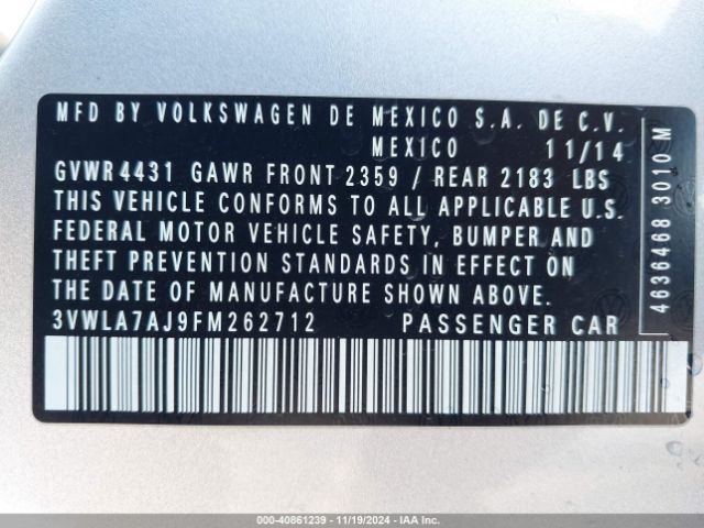 3VWLA7AJ9FM262712 Volkswagen Jetta 2.0l Tdi Sel