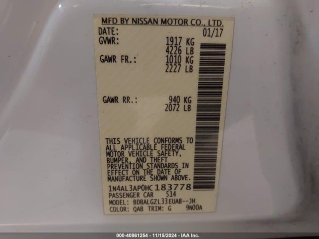 Nissan Altima 2.5 S 2017 1N4AL3AP0HC183778 Image 9
