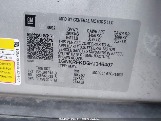 1GNKRFKD6HJ346407 Chevrolet Traverse Ls