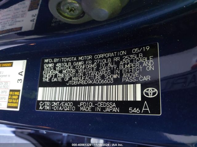 JTDBVRBD9KA006603 Toyota Mirai