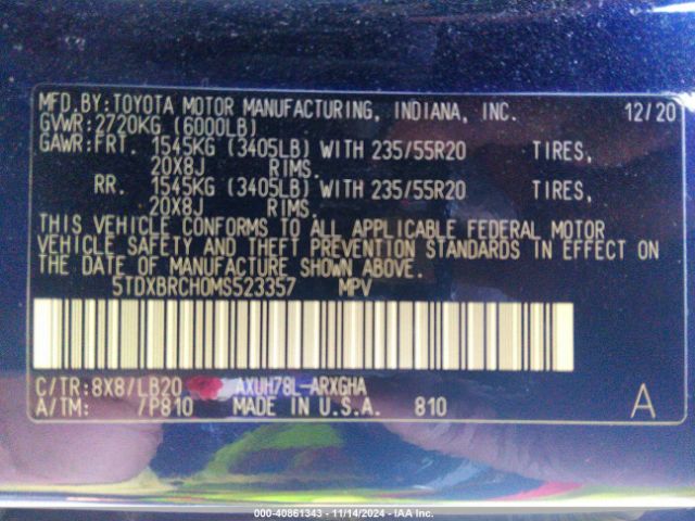 5TDXBRCH0MS523357 Toyota Highlander Hybrid Limited